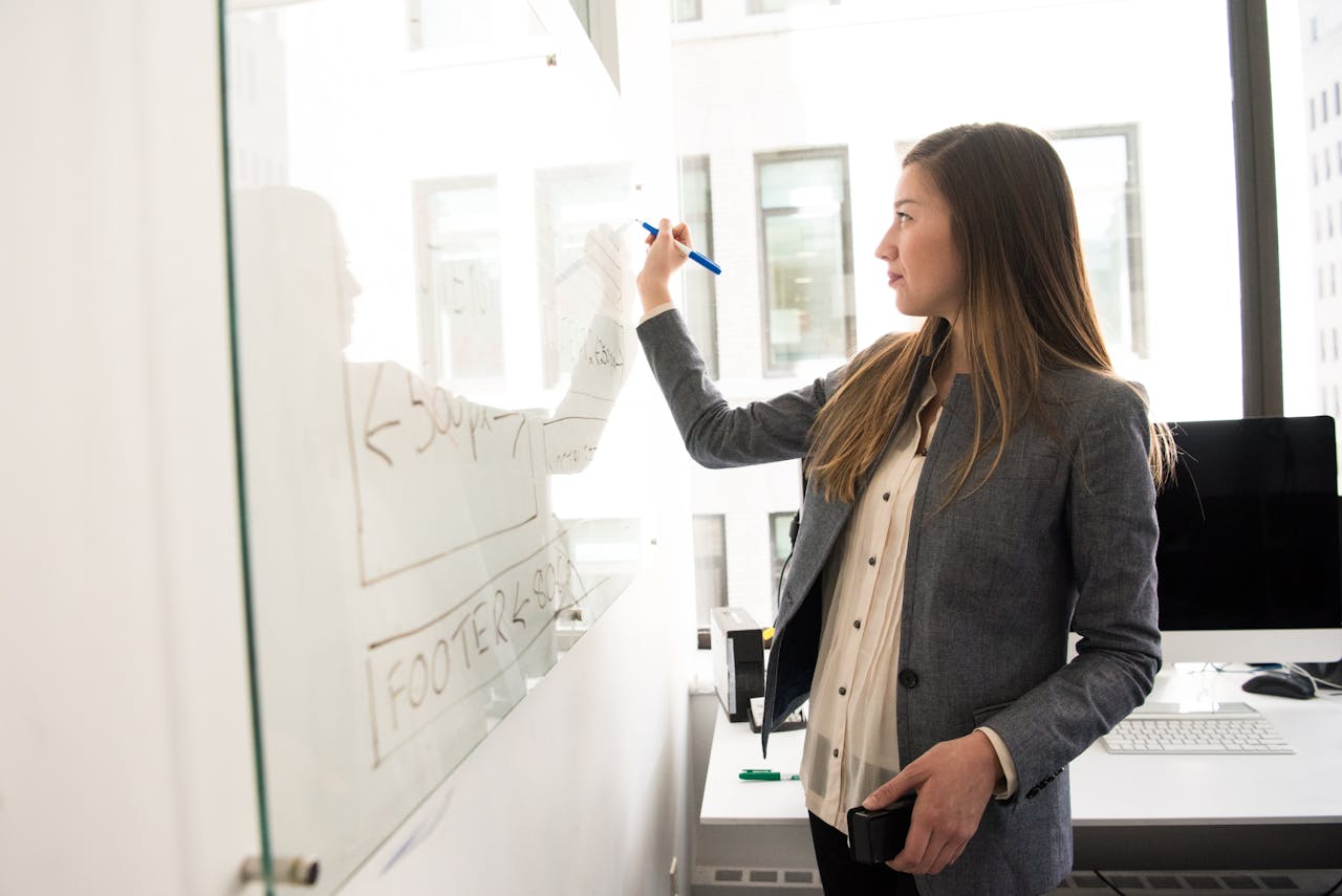 service-01 Professional woman writing on a whiteboard in an office environment, focusing on ideas.