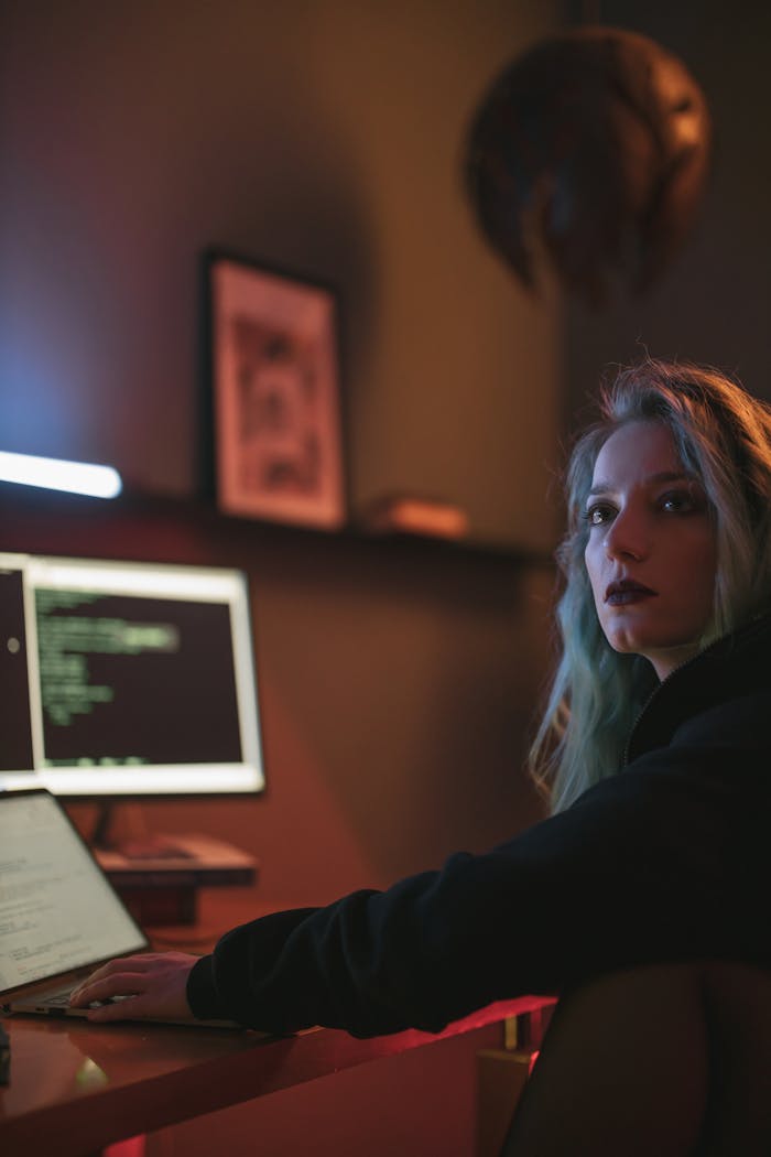 service-02 A woman with colorful hair works intently at her computer in a dimly lit room, coding on a monitor.